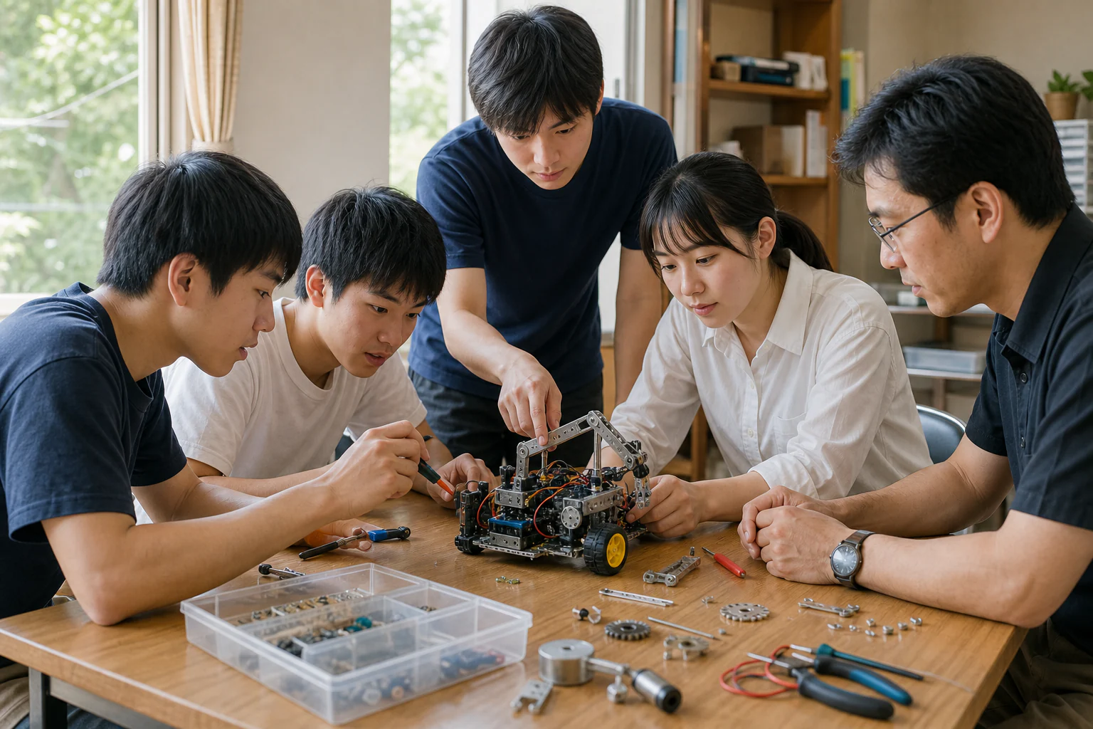 2023年夏季の対面ロボット工作体験で機構を確かめる参加者